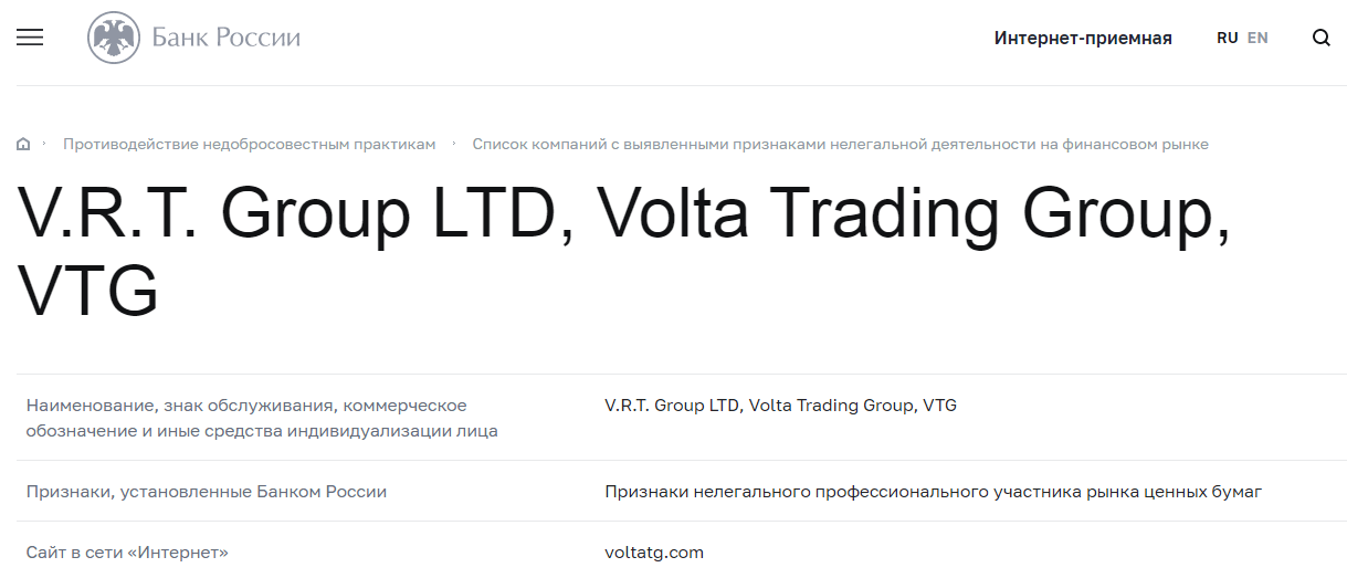 Volta Trading Group находится в черном списке ЦБР